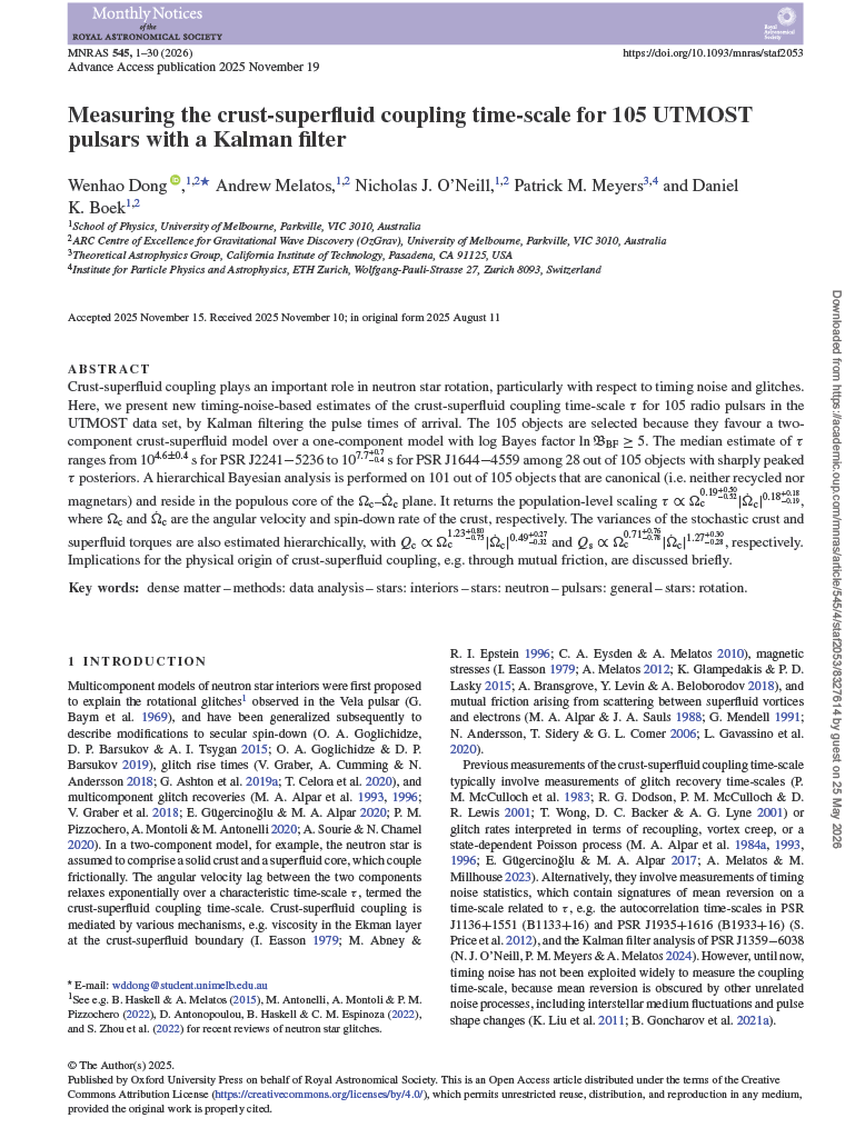 Front page of W. Dong et al. (2025) "Measuring the crust-superfluid coupling time-scale for 105 UTMOST pulsars with a Kalman filter."